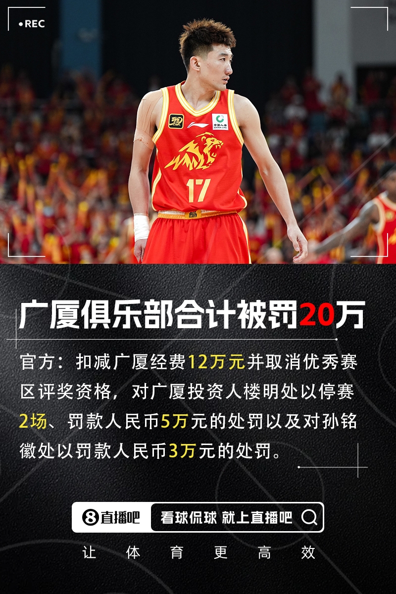 罰！官方：扣減廣廈經(jīng)費12萬&樓明罰5萬停賽2場&孫銘徽罰3萬