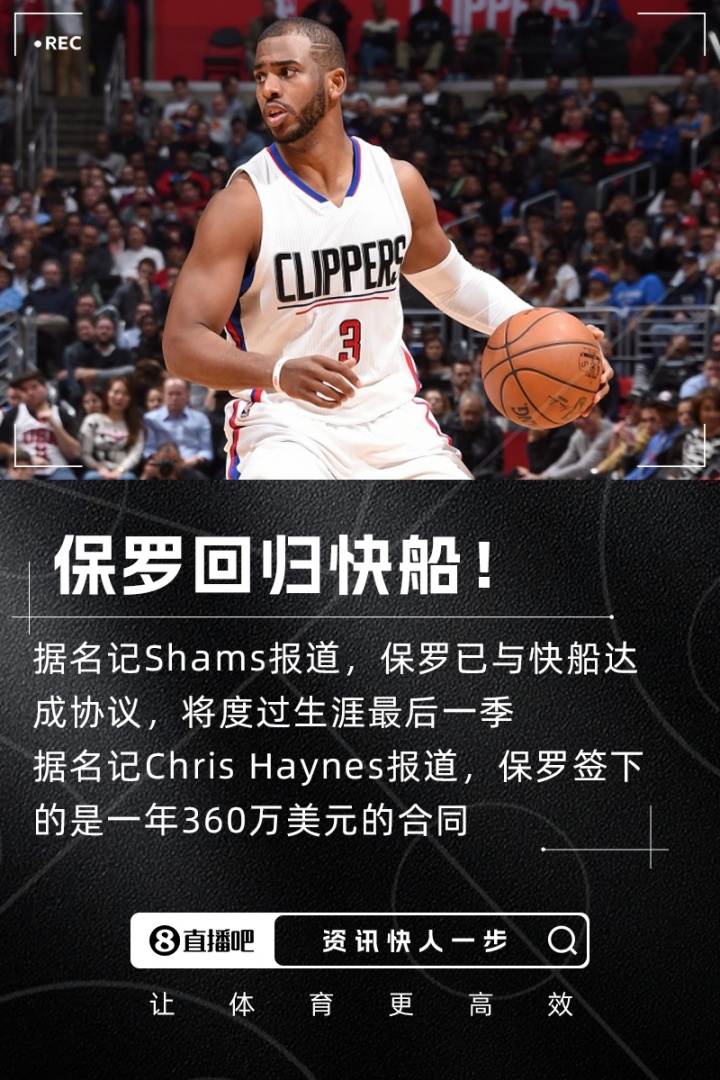 船長回艦啟航！Shams：老將保羅360萬回歸快船 生涯最后一季